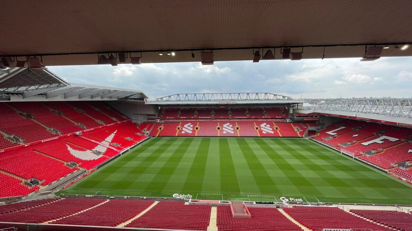 Exterior view of Anfield, Liverpool's home stadium, in May 2024