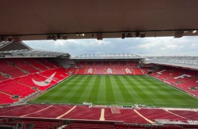 Exterior view of Anfield, Liverpool's home stadium, in May 2024