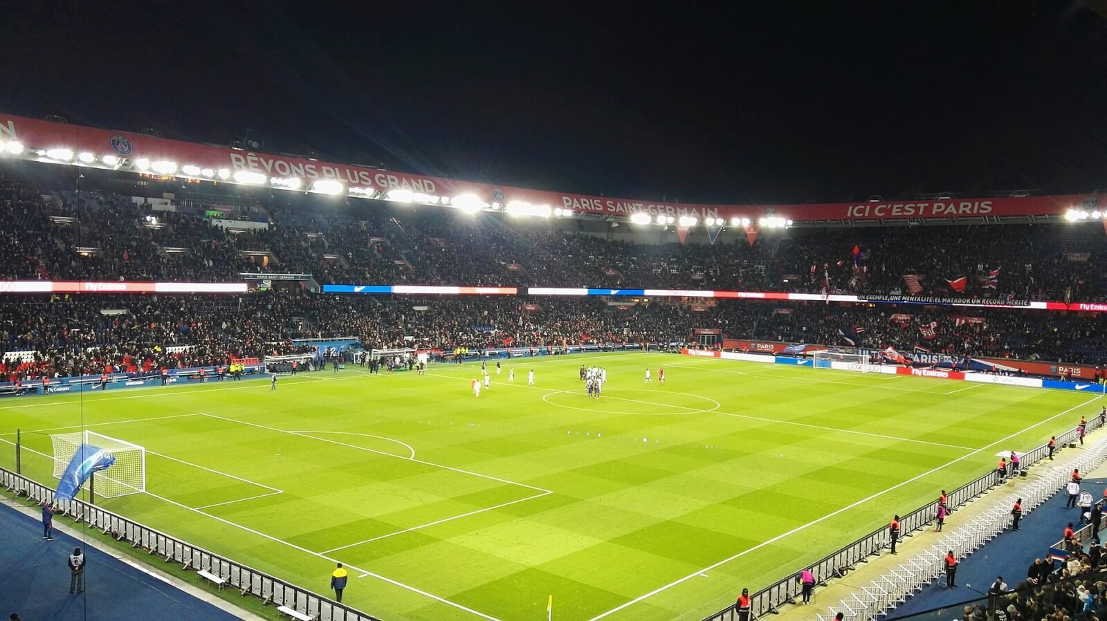 Floodlit Parc des Princes stadium in Paris during a Paris Saint-Germain match